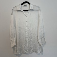 ZARA White Satin Flowy Oversized Long Sleeve Button Down Shirt Size M