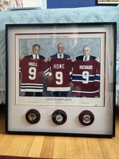 Framed “One Last Time - The Great #9’s” w Signed Pucks Hull, Rocket, Howe