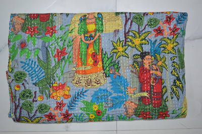 TARRIF FREE 0% CHARGE Queen Size Floral Hand Print Bedspread Kantha Quilt