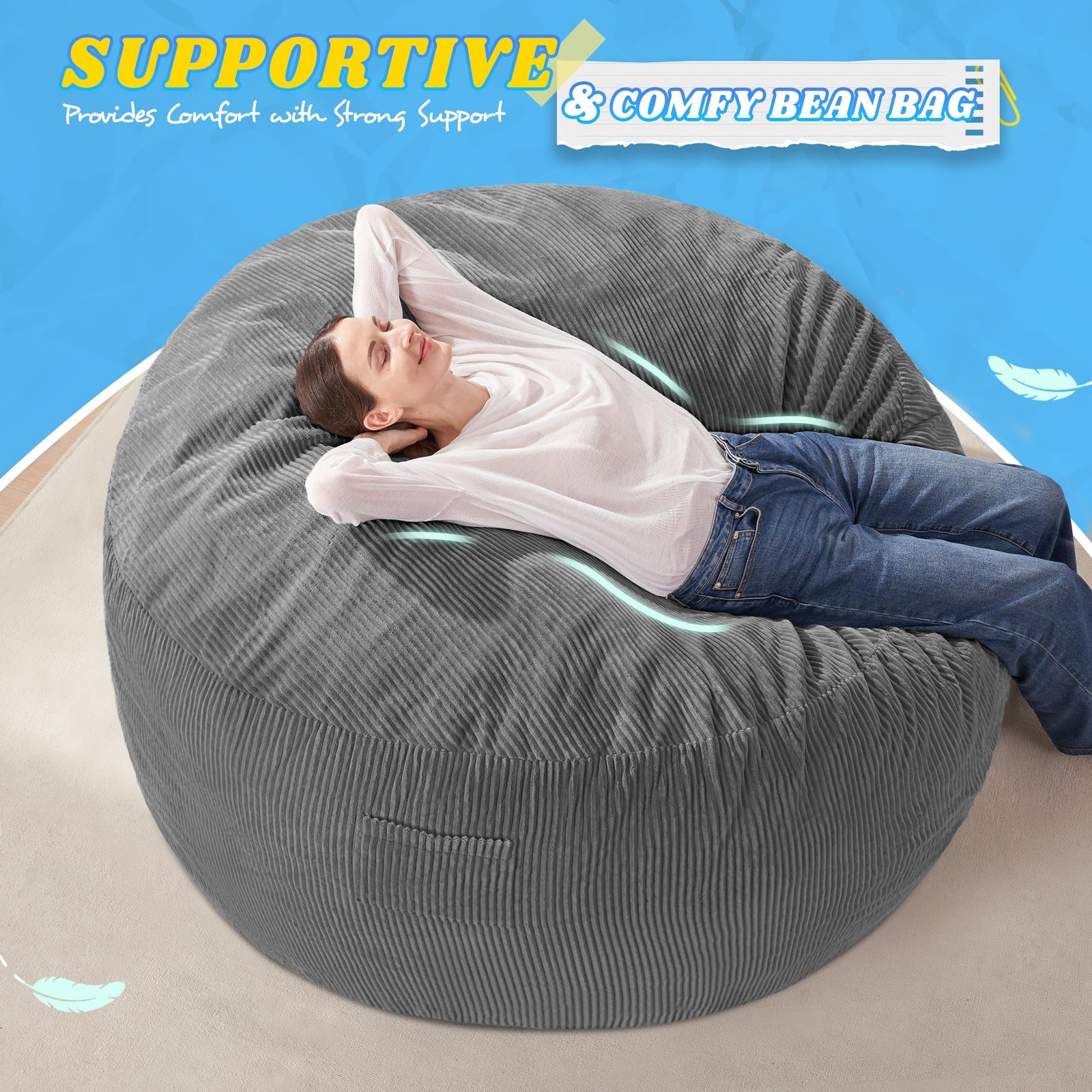 3FT Bean Bag Chair,Giant Bean Bag Chairs for Adults,Big Bean Bags with Memory...