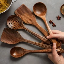 Wooden Spoons for Cooking 5 Pcs Natural Teak Kitchen Utensils Set w/ Long Handle