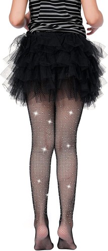 MANZI Rhinestone Fishnets Tights for Girls White One Size, Black - Picture 3 of 8