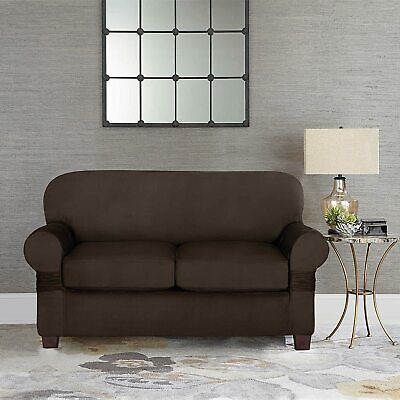 Surefit Designer Suede 3 Piece Loveseat Slipcover In Chocolate 47293443794 - T Cushion Loveseat Slipcover Two Piece