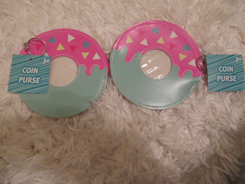 2 DONUT Shaped Coin Purses 4" W/Key Ring New With Tag