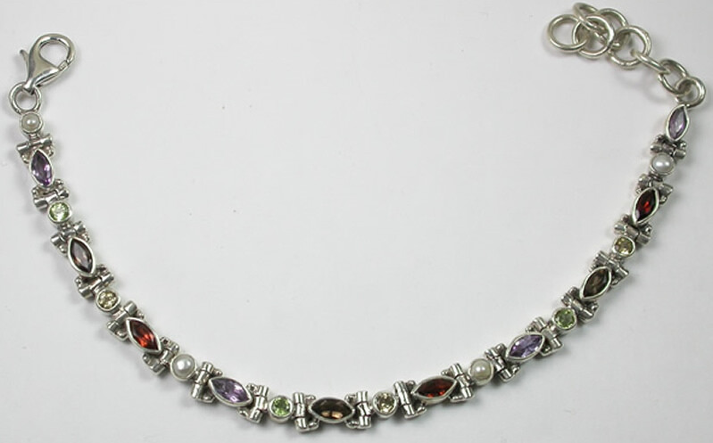 Smoky Quartz Pearl Garnet Peridot Citrine Sterling Silver Statement Bracelet  -image