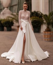 Elegant Satin Pearls Wedding Dresses High Neck Long Sleeved A-Line Bridal Gowns