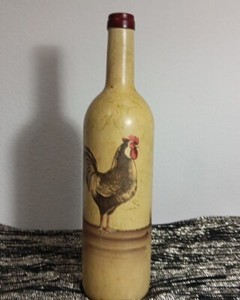 Beautiful Handpainted Decoupaged Wine Bottle Rooster. Asiatic Letters In Bottom 