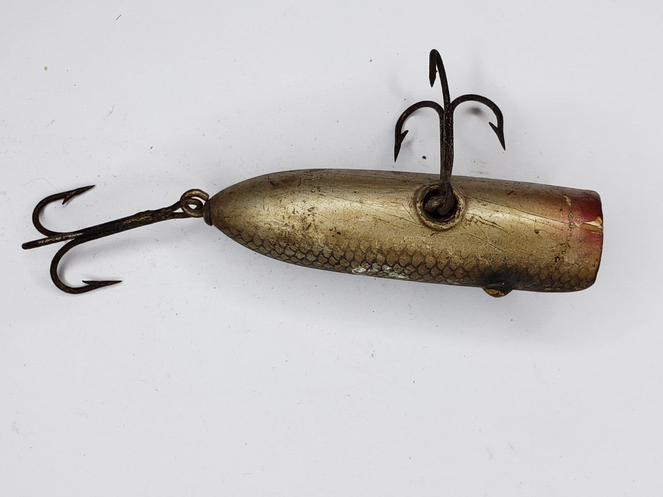 gros Leurre Ancien Pêche Bois Métal Poisson Nageur 12cm carnassier vintage