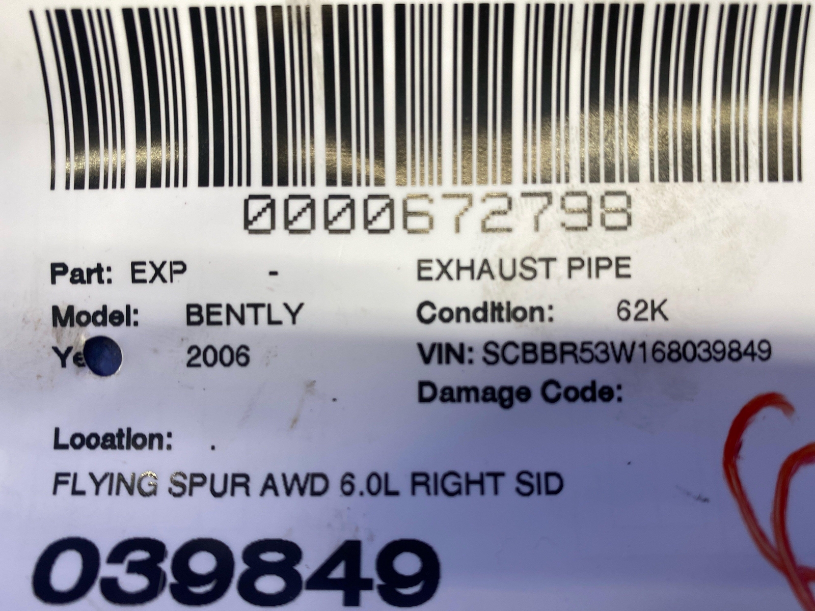 2006-2012 BENTLEY CONTINENTAL FLYING SPUR 6.0L RIGHT EXHAUST HEADER FLEX PIPE