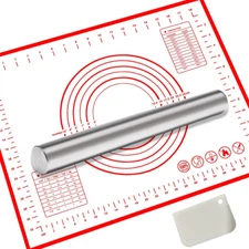 15" French Rolling Pin with Silicone Mat Set for Baking, Cake, Pastry, Pizza US