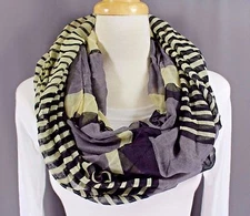 Grey Black stripe striped scarf circle infinity endless loop long gauze light