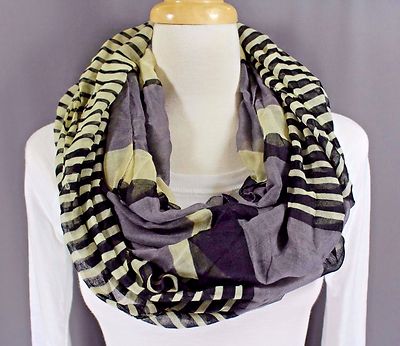 Grey Black stripe striped scarf circle infinity endless loop long gauze ...