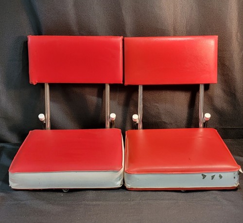 2 Vtg Red & White Vinyl Folding Stadium Bleacher Seats Chairs w Safety Clamp