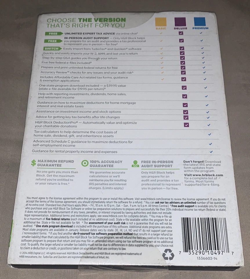 SEALED NEW H&R Block 2014 DELUXE Taxes Homeowner/Investor Federal+State tax CD - Image 2 of 4