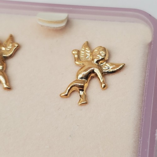 14K Solid Yellow Gold Angel Cupid Stud Earrings in Pink Bejeweled Gift Box - Picture 4 of 24