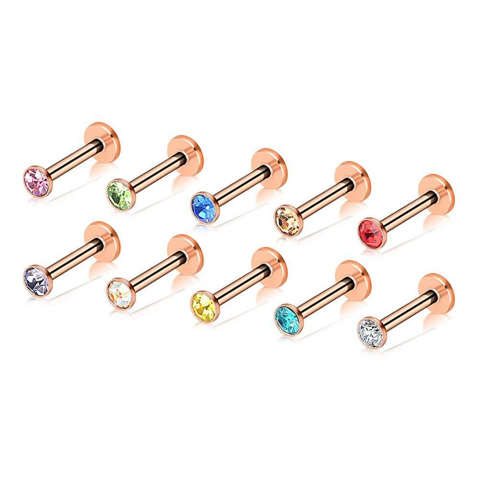 20 peças piercing labial nariz pino língua diamantes coloridos prata alavanca plana 16G - Imagem 3 de 4