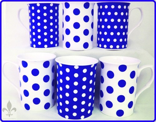 Blue Dots & Spots Mugs Set of 6 Fine Bone China Castle Cups Hand Decorated in UK - Picture 2 of 9