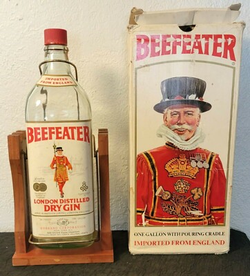 Vintage 1 Gallon 18'' BEEFEATER Dry Gin Bottle on Wood POURING CRADLE - w/ BOX