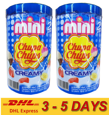 2 x 50 Mini Chupa Chups Lollipops Blue CREAMY Assorted with Plastic Can - 300g.
