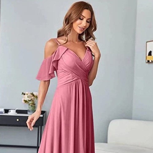 Women's Chiffon Cold Shoulder Bridesmaids Dresses Long with Slit Formal Part - Picture 5 of 7