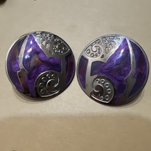 Vintage Edgar Berebi Purple And Silver Tone Enameled Round Circle Drop Earrings