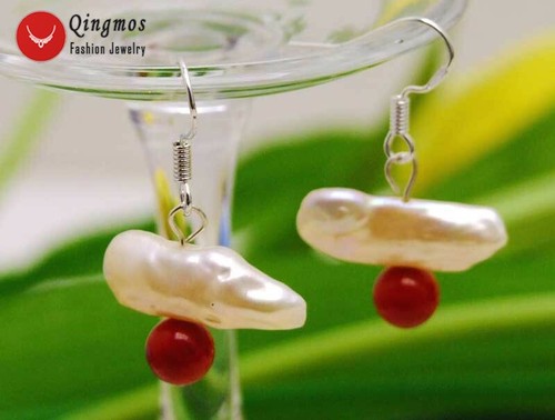 15-25mm Natural FW Biwa Pink Pearl Earring for Women & Red Coral Dangle Earring - Picture 5 of 6