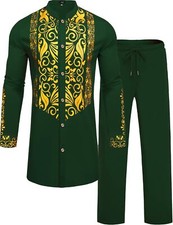 Mens African 2 Piece Sets Dashiki Metallic Traditional Suit Gold Stamp Printe...