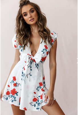 Selfie Leslie White Floral Print V-Neck Mini Wrap Dress Size XL On Website  $55