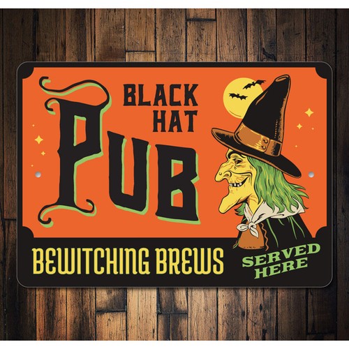 Black Hat Pub, Bewitching Brews Served Here, Halloween Pub Metal Sign - Picture 2 of 4