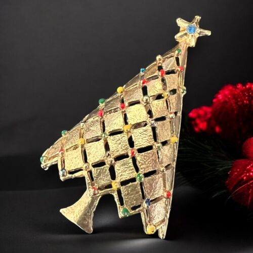 Broche Árbol de Navidad Tono Dorado Colorido Esmalte Adornos Vacaciones De Colección - Imagen 6 de 8