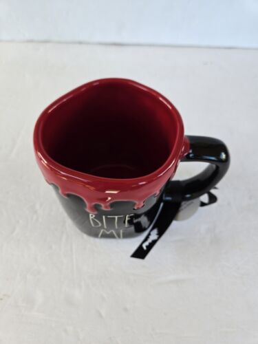 RAE DUNN HALLOWEEN COFFEE MUG BLACK W/ DRIPPING BLOOD RIM "BITE ME" (NWT) - Picture 3 of 4