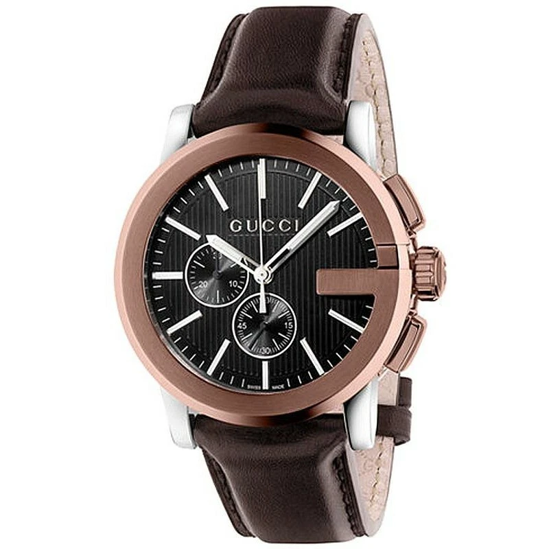 GUCCI $1820 MEN'S G-CHRONO XL BRONZE/SILVER BROWN LEATHER