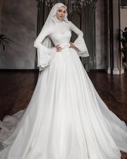 Muslim Wedding Dresses High Neck Long Sleeves White Bridal Gowns Lace Appliques