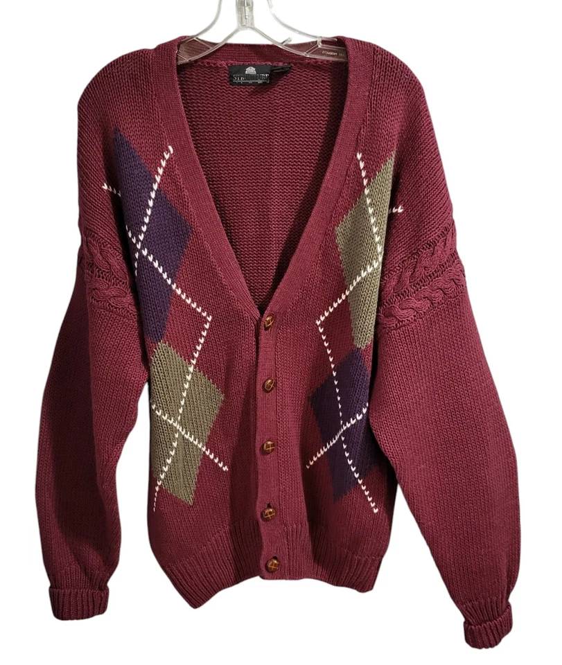 Structure Cardigan Sweater Men L Burgundy Argyle V-Neck Grandpa Vintage 90's Y2K - Image 2 of 4