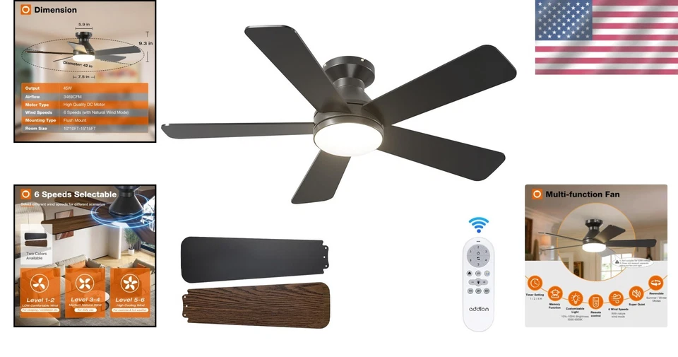 Reversible DC Motor Ceiling Fan, Flush Mount, Dimmable Light - Image 2 of 4