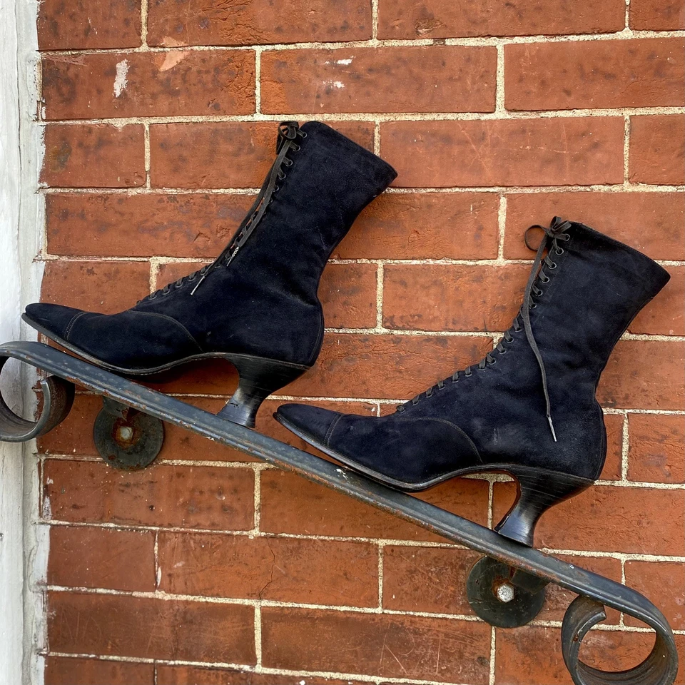 Botas de abuela antiguas victorianas vintage de cuero gamuza negro con cordones talla 9 Foto 4 de 4