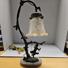 Vintage Bronze Fairy Swing Table Lamp with Frosted Glass Shade & Marble Base