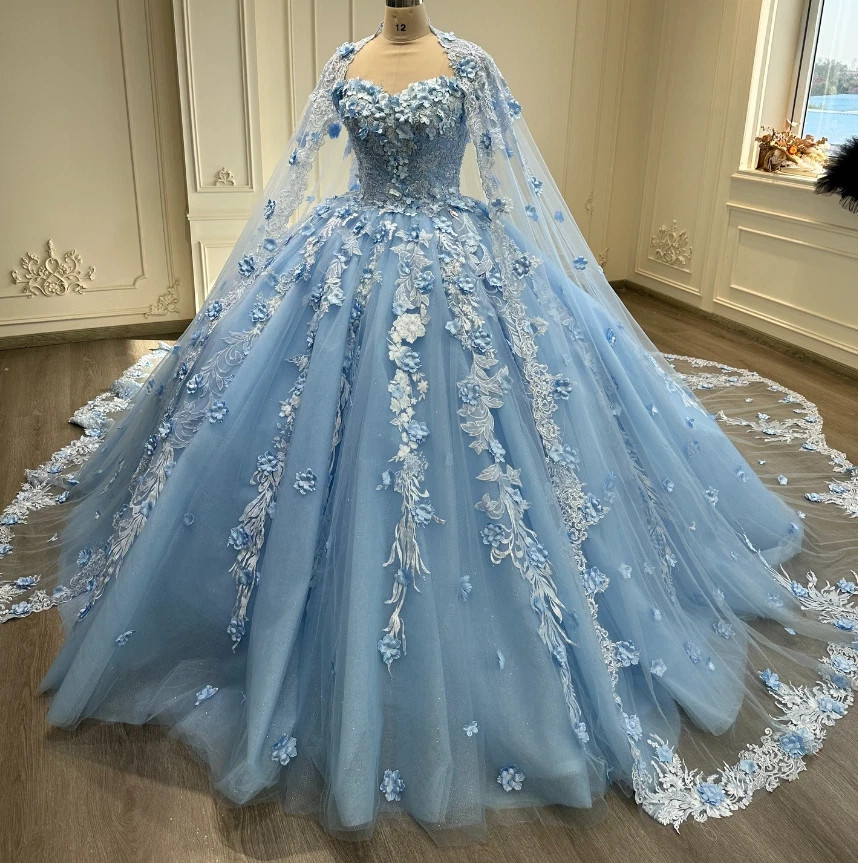 Princess Sky Blue Quinceanera Dresses with Stole Cubic Floral Sweep Train |  eBay