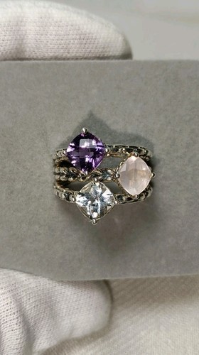 John Hardy Sterling Silver Multi Gemstone Ice Ring Amethyst, Rose Quartz & Topaz - Picture 2 of 18