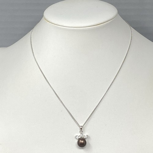 Pearl Pendant Necklace Brown Solitaire Silver Tone Collar Dainty Rhinestones 16" - Picture 3 of 12