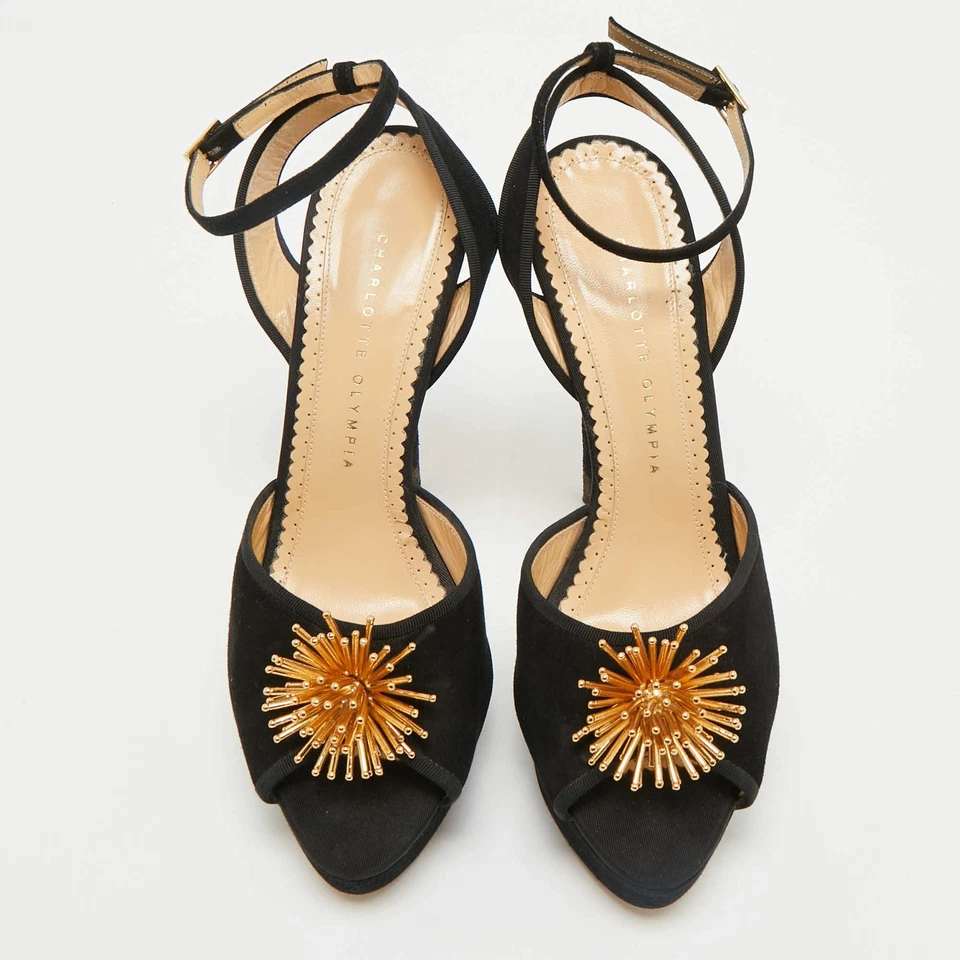 Sandálias plataforma Charlotte Olympia camurça preta alça no tornozelo tamanho 40 - Imagem 3 de 4
