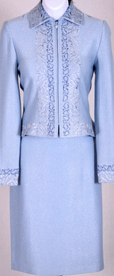 ST.JOHN Women's Blue Metallic Silver Shimmer Embroidered Trim Jacket Skirt Sz 4