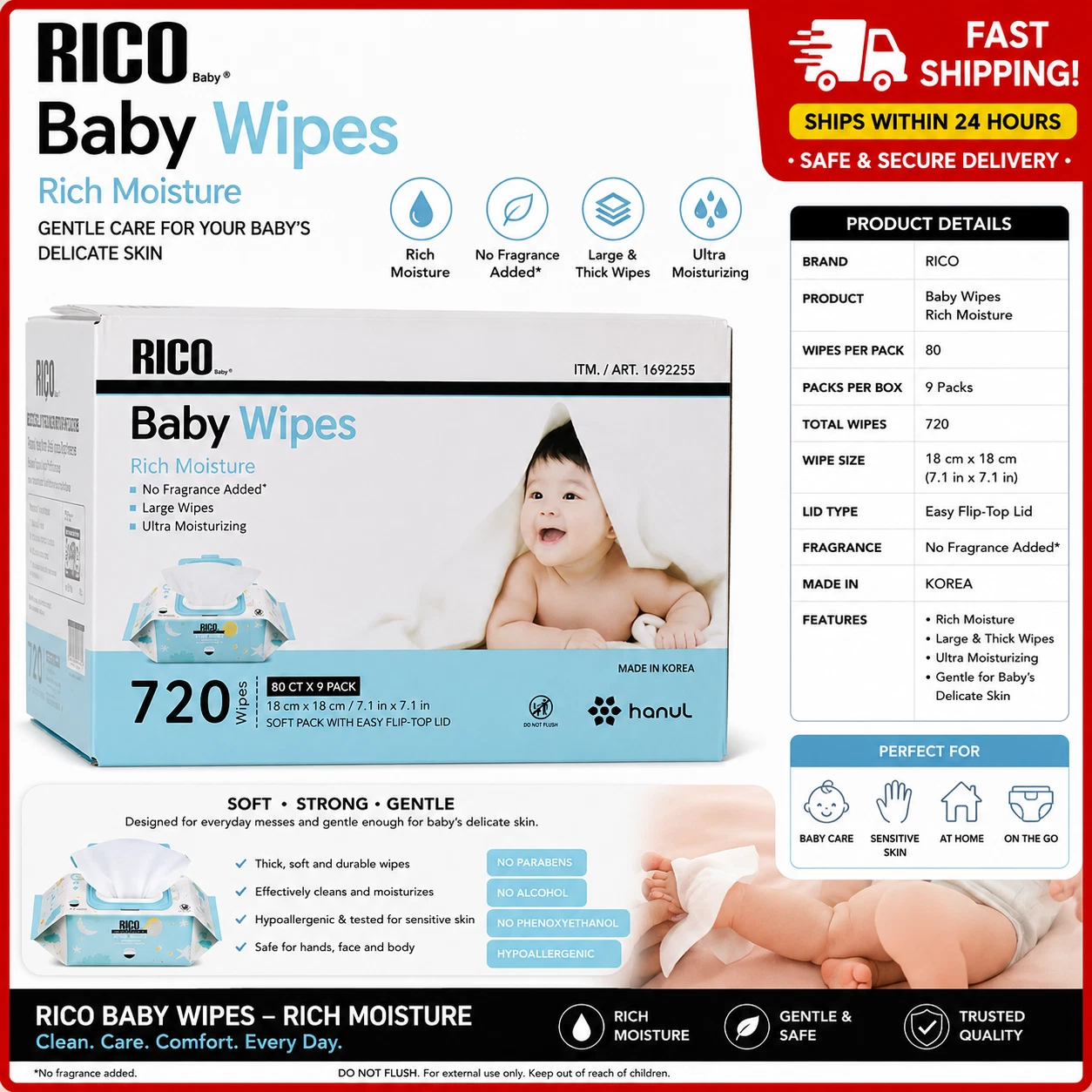 RICO Baby Wipes, 720-count, No Fragrance Added
Opens in a new window or tab