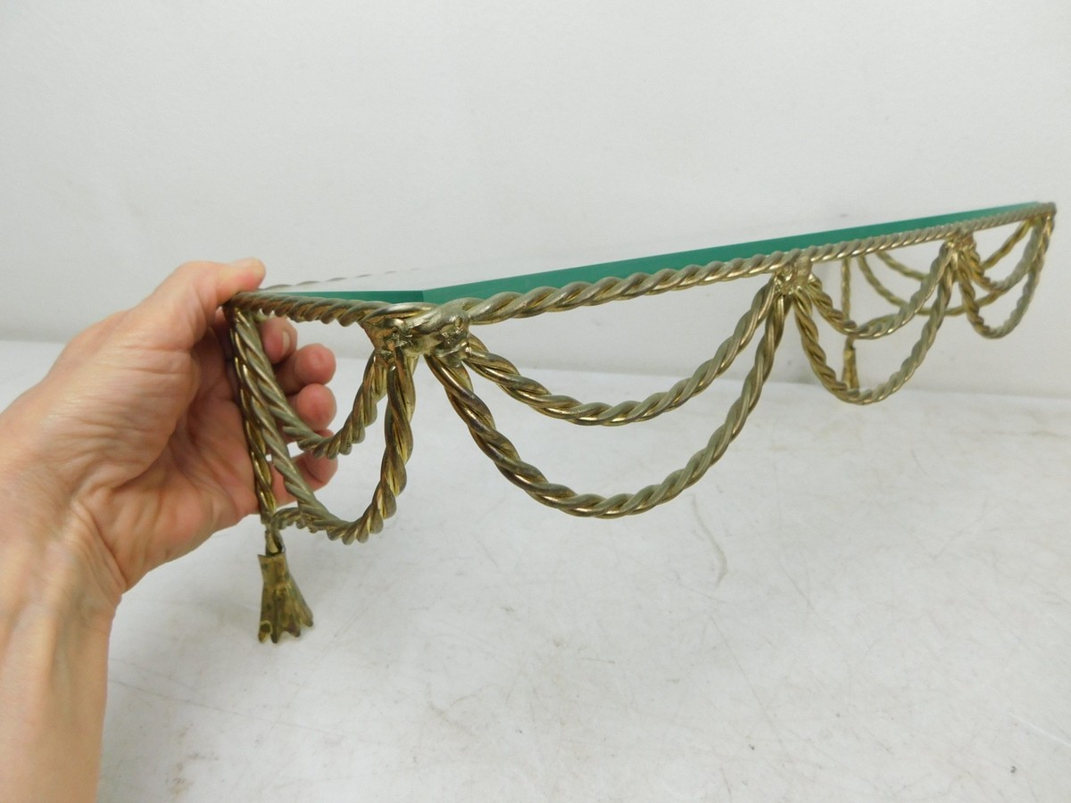 Brass Glass Braided Rope Shelf Hollywood Regency MCM 1970s Wall