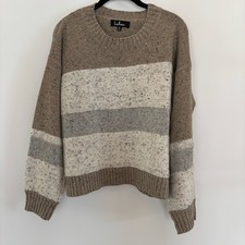 Lulu s Snuggle Season Tan/Cream/Gray Striped Crewneck Sweater Size M