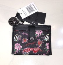 Ed Hardy Black Faux Leather Card Wallet Pink  Multicolored Tattoo Print NWT