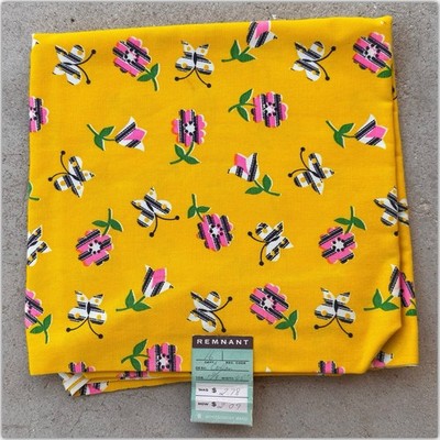 Vtg 60s Montgomery Ward Fabric 1.75 Yds Mod Butterfly Floral Yellow Cotton NOS