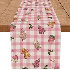 Christmas Table Runner 13x48 Inch Pink Plaid Tree Gingerbread Candy Design