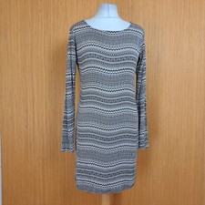 Boohoo Dress Beige Black Jersey Long Sleeve UK 14 Short Length Bodycon Y2K UK