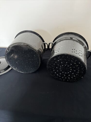 3 Pc Enamel Ware Black Speckled Clam Steamer Stock Pot w/Strainer insert & Lid - Picture 4 of 5